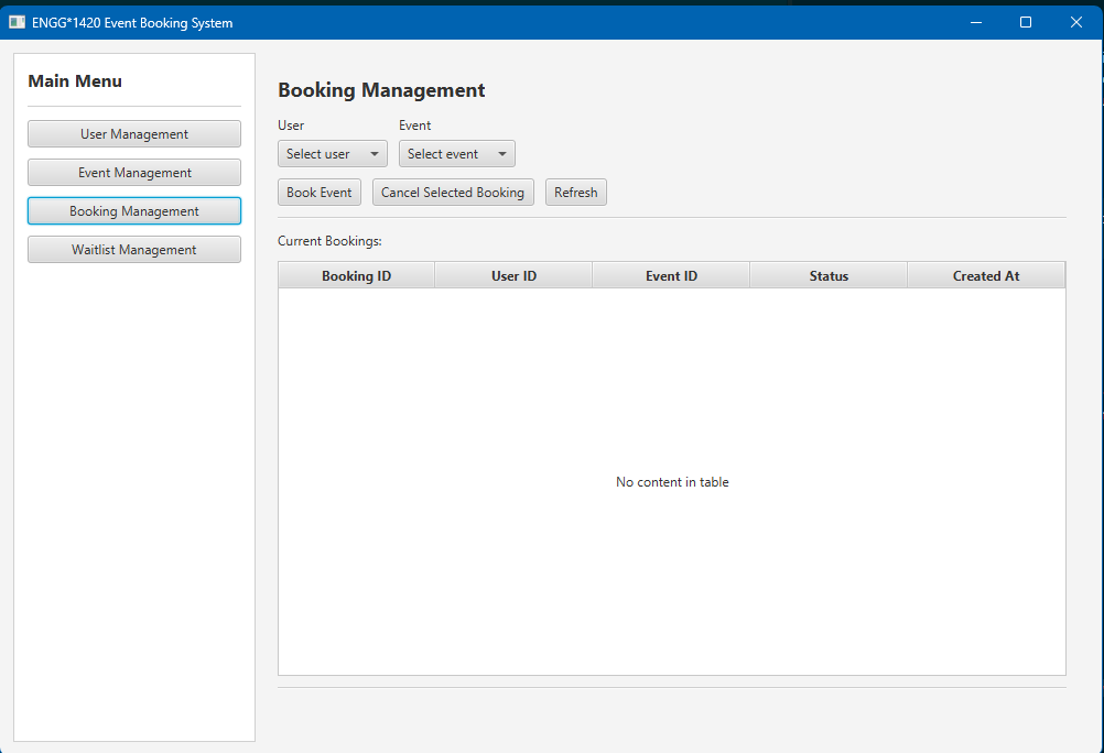 Campus Event Booking — JavaFX booking management interface